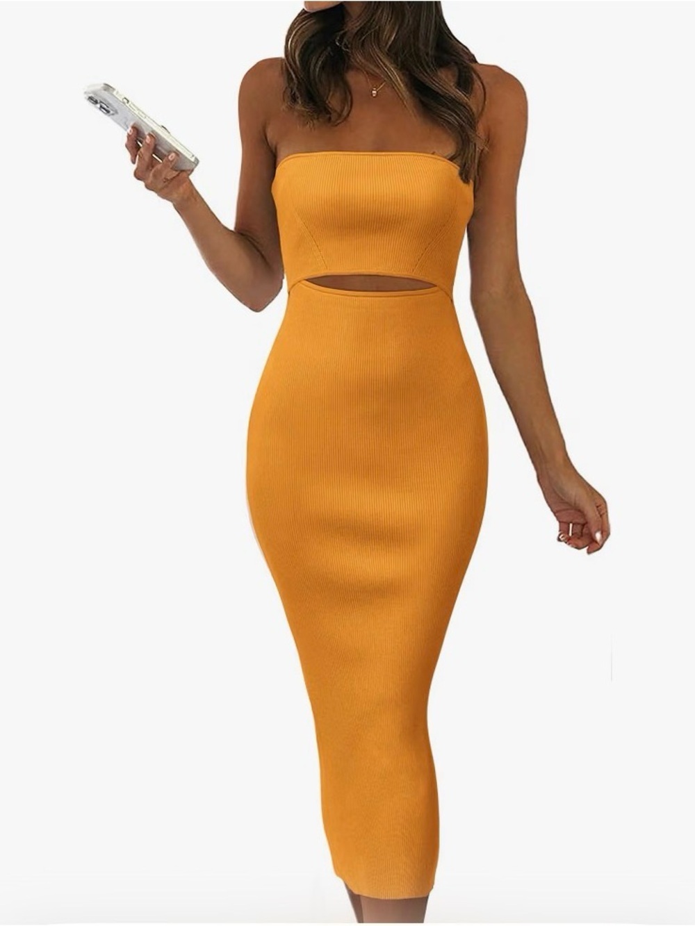 Sleeveless Strapless Cutout Midi Dress in Mustard Yellow